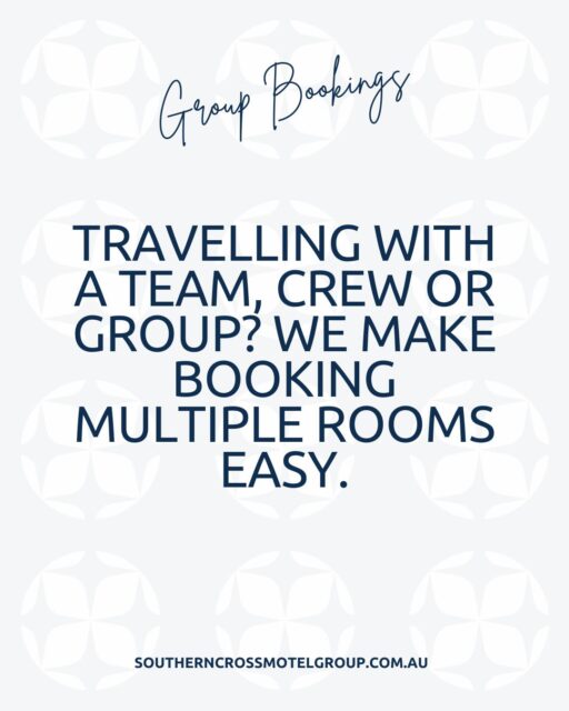 🏨 Planning accommodation for a group travelling across regional Australia?

Southern Cross Motel Group offers 16 quality motels across Queensland, New South Wales and the Northern Territory, making us the ideal accommodation partner for business travel, sporting teams, conferences, coach tours, weddings, family gatherings, and special events.

If you're booking 7 or more rooms, our reservations team can help coordinate your stay and secure the best accommodation options for your group. With properties in key regional locations and flexible booking solutions, we'll work with you to find the right fit.

📧 Contact our Group Reservations Team:
reservations@southerncrossmotelgroup.com.au

🌐 Learn more about our locations:
southerncrossmotelgroup.com.au